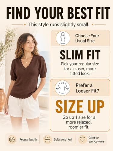 MONORA Women’s Short Sleeve Sweater Puff Sleeve Scalloped V Neck Knit Top Lightweight Pullover for Work Business Casual - Thumbnail 5
