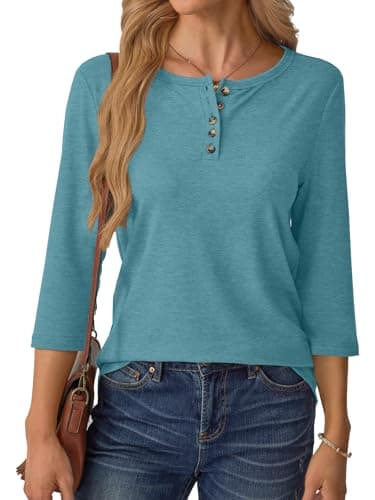 GKBK 3/4 Sleeve Womens Tops Fall Clothes Henley Casual Spring Summer Lightweight Basic Tunic Shirts Teal - Thumbnail 2