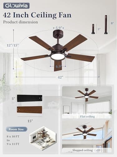 Glowivia 42 Inch Ceiling Fan with Lights and Remote, Smart APP Control, Dimmable with All-Setting Memory, Quiet DC Motor Reversible Blades, Damp Rated Modern Ceiling Fan for Bedroom Patio Living Room - Thumbnail 5
