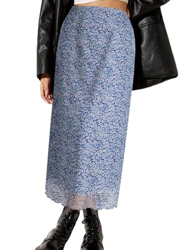 Avanova Women Floral Bohemian Mesh Midi Skirt High Waist Lettuce Trim Long Straight Skirt Blue Floral C X-Small - Image 1