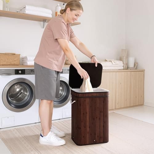 StorageWorks Laundry Hamper with Lid, Foldable Bamboo Laundry Basket, Clothes Hamper with Handles, Organizer and Storage for Laundry Room, Bedroom, Dorm, Brown - Thumbnail 2