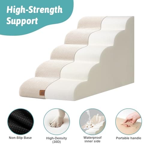 Extra Wide Dog Stairs 19.7" Width, Pet Step for Small Medium/Large Dog, Puppy or Cat, Pet Ramp for High Bed or Car, High Density Foam Ladder, Stable, 5 Step, 19.7x33x22.4 in, Beige - Thumbnail 4