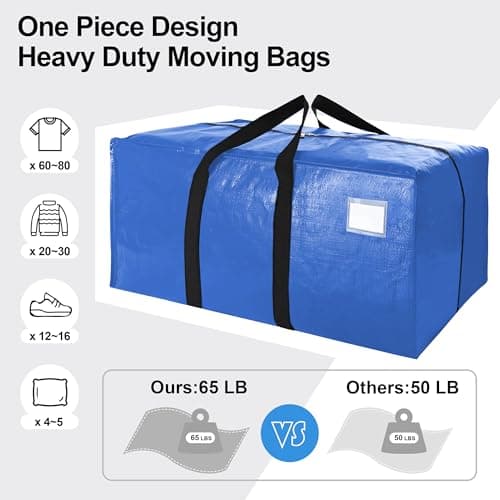 VELVETSURE 12 Pack Heavy Duty Extra Large Moving Bags W/Backpack Straps - Strong Handles & Zippers, Storage Totes For Space Saving, Fold Flat, Alternative to Moving Box and Storage Bin, Multicolor - Thumbnail 5