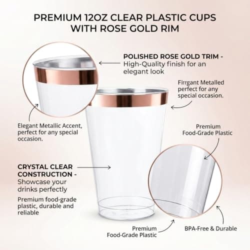 200 Pack 12oz Plastic Cups with Rose Gold Rimmed - Sturdy & Food Safe Plastic Wine Glasses Wedding Cups Party Cups Clear Cups Plastic Cocktail Glasses for Wine, Juice, Cocktails and Cold Beverages - Thumbnail 5