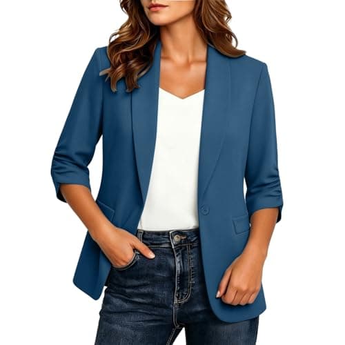 Summer Blazers for Women Lightweight 3/4 Sleeve Business Casual Blazers 2026 Trendy Open Front Work Office Suit Jackets Blazer Blue L - Thumbnail 4