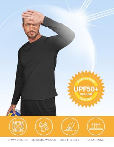 Men's UPF 50+ Swim Shirt Rash Guard Long Sleeve Quick Dry Lightweight SPF Sun Shirts for Hiking Fishing Running Black M - Thumbnail 3
