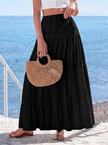 BTFBM Spring Skirts for Women 2026 Summer Boho Beach Vacation Clothes Casual Pleated High Waisted Flowy Maxi Skirt(Black, X-Large) - Thumbnail 2