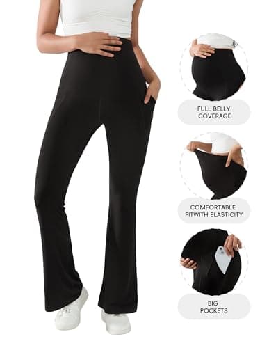 BRATUC Maternity Yoga Pants Flare Leg Pregnancy Yoga Leggings Over Belly Buttery Soft Bootcut Pants for Work (Medium, Black) - Thumbnail 3