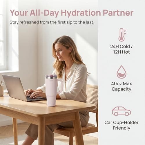 MIKENDA 40oz Insulated Tumbler with Straw | Double Wall Stainless Steel Travel Mug | Leak Proof Lid, 24hr Cold & 12hr Hot | Reusable Water Bottle for Office, Gym, Hiking (light pink) - Thumbnail 3