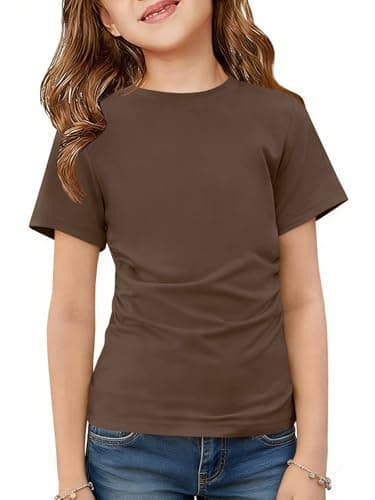 ZDC Girls Short Sleeve T Shirts Kids Summer Crewneck Ruched Tunic Tops Basic Tees 5-14 Years Brown - Image 1