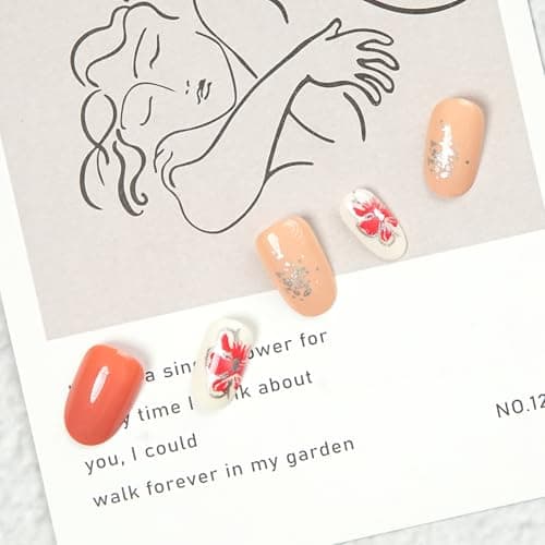 short round press on nails orange - floral acrylic fake nails salon quality reusable tips for women, perfect DIY manicure at home, 24 Nails in 12 Sizes - Thumbnail 5