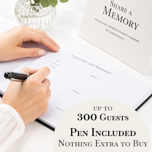 J&A Homes Funeral Guest Book for Celebration of Life Memorial Service - Pen Included - Memory Book for Funeral Guests - Table Sign & Back Pocket - 300 Entries, Gold Foil, 9x7 Inches - Thumbnail 2