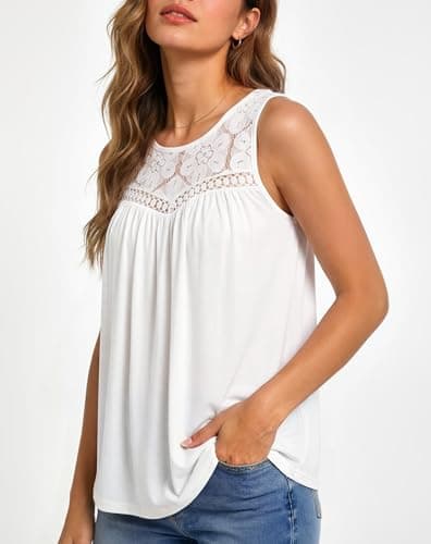 Summer Tank Tops for Women - Sleeveless Womens Tank Tops, Floral Lace Top Loose Fit Round Neck Blouses for Casual Wear White - Thumbnail 2