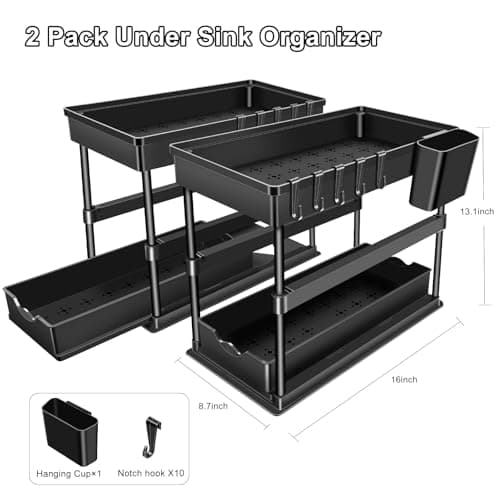 JPart Under Sink Organizer, Kitchen Organizers and Storage, 2-Tier Bathroom Cabinet Organizer with Sliding Drawers, Thickened Construction with Hooks Hanging Cup for Kitchen & Bathroom, 2 Pack - Thumbnail 6