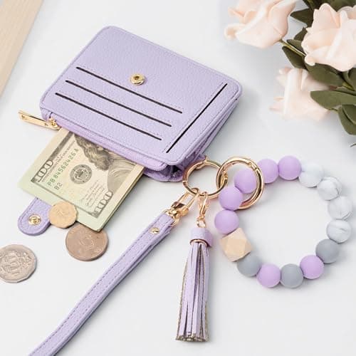 Airkit Wristlet Wallets for Women, Keychain RFID Blocking Credit Card Holder, Small Girly Wallet with Bracelet, Silicone Beaded Tassel Key Ring Card Holder, Purple - Thumbnail 6