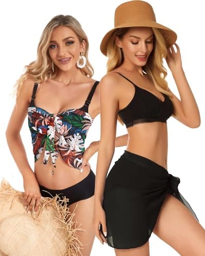 2 Pieces Sarong Cover Ups for Women Beach Bathing Suit Wrap Sheer Short Skirt Bikini Chiffon Scarf for Swimwear (Black, Orange White Leaves) - Thumbnail 2
