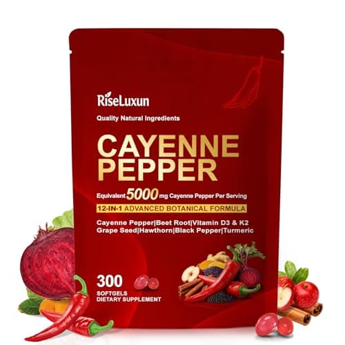 RiseLuxun 12-in-1 Cayenne Pepper Capsules Supplement*, 5000mg Per Serving Containing | Vitamin D3 K2+E & Extracts of Grape Seed, Hawthorn, Beetroot, Berberine Other Extracts - Image 1