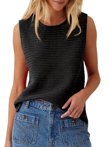 Saodimallsu Womens Crochet Tank Tops Summer Sleeveless Crew Neck Basic Mesh Knit Loose Pullover Sweater Vest Black - Image 1
