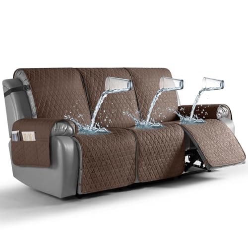 TAOCOCO 100% Waterproof Recliner Couch Covers, Non Slip Recliner Covers that Stay in Place, One-Piece Washable Reclining Sofa Cover for 3 Seater with Elastic Straps, Brown