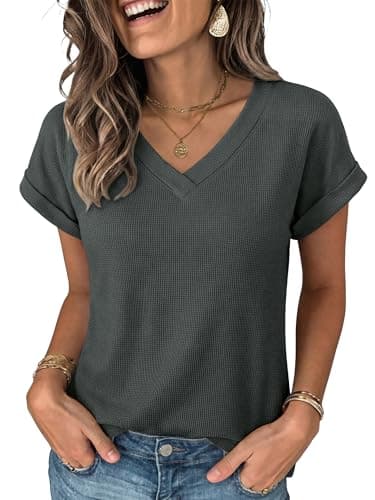 ANRABESS Womens Waffle Knit Tops 2026 Summer Casual Short Sleeve V Neck T Shirts Basic Work Tee Spring Vacation Blouses Army Green XX-Large - Image 1