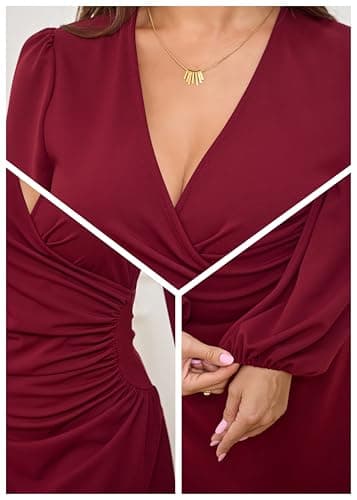 Women's Long Puff Latern Sleeve Wrap V Neck Ruched Party Club Holiday Homecoming Date Night Going Out Cocktail Clubbing Dress Ladies Sexy Bodycon Dark Wine Red Burgundy Large L Midi Dresses - Thumbnail 6