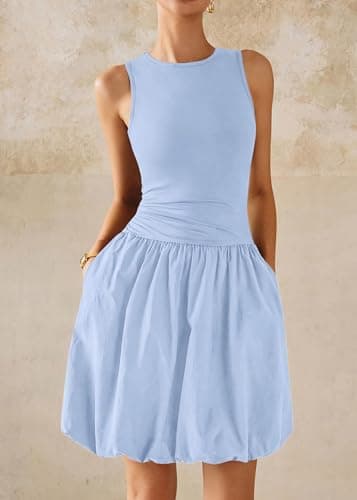 KIRUNDO Summer Bubble Dress for Women 2026 Casual Mini Spring Bodycon Cocktail Dresses Sleeveless Drop Waist Sundress Beach(Light Blue, Small) - Thumbnail 5
