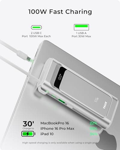TALIX 10000mAh Portable Charger, 3-Port USB-C Power Bank, 100W Max Fast Charging Battery Pack with Built-in Cables for iPhone 17/16/15 Pro Max,iPad,Samsung Galaxy,Phone, TSA Approved Travel, Silver - Thumbnail 2