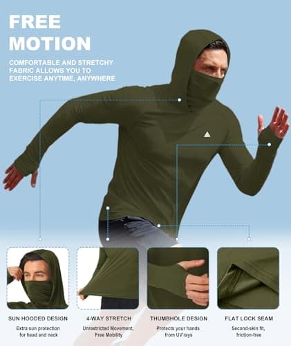 Mask Shirts for Men Long Sleeve Fishing Shirts for Men's Sun Protection Hoodie for Men UV Protection Shirt for Mens Moisture Wicking Pullover Army Green X-Large - Thumbnail 6