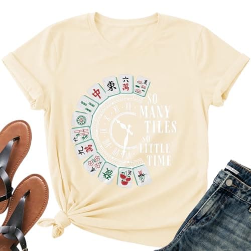 Mahjong Shirts for Woman-Mahjong Tiles Clock Short Sleeves Game Night Gift Top for Mahjong Players A-White - Image 1