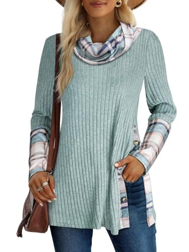 Miusey Cowl Neck Pullover Sweaters Checkered Tunic Sweatshirts Fall Shirts for Women 2024 Loose Fit Mint Green Plaid M - Image 1