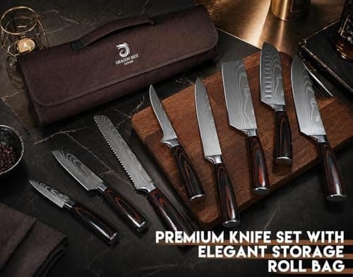 DRAGON ROIT Japanese Knives Set Damascus Pattern Chef Knife Set for Kitchen with Roll Bag, Sharp Stainless Kitchen Knife Set Brown Handle - Thumbnail 4