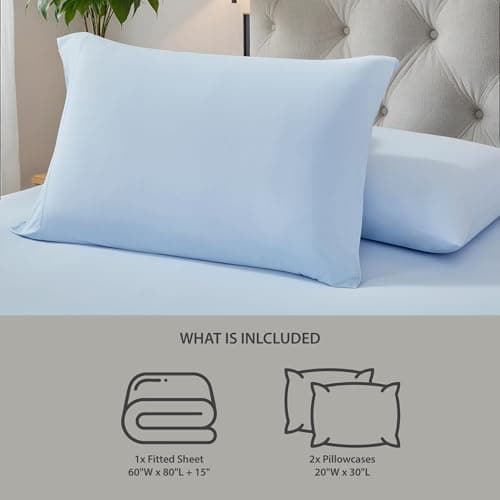 Regency Heights Queen Sheet Sets 3 Piece, Cooling Spandex, Fade Resistant Fitted Sheet & Pillowcases, All Elastic Fits Up to 15" Mattress, Breathable & Moisture-Wicking for Hot Sleepers, Ice Blue - Thumbnail 6
