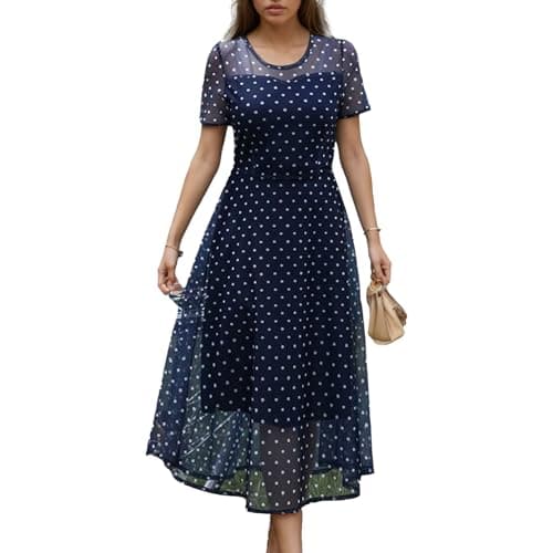 materasu Elegant Polka Dot Dress: for Women's Short Sleeve Mesh Overlay A-Line Midi Dress - Image 1