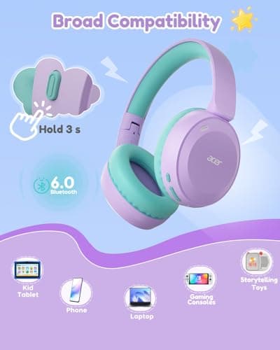 Acer Kids Bluetooth Headphones, 85/94dB Volume Limiter, Foldable Wireless Over-Ear Headphones for iPad, Travel, 60H Playtime, Bluetooth 6.0, Built-in Mic, Purple Green, OHR668 - Thumbnail 6