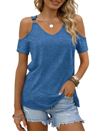 BOHOWE Basic Summer Women's Cold Shoulder T-Shirts V Neck Short Sleeve Fashion Cutout Tees Greyblue - Image 1