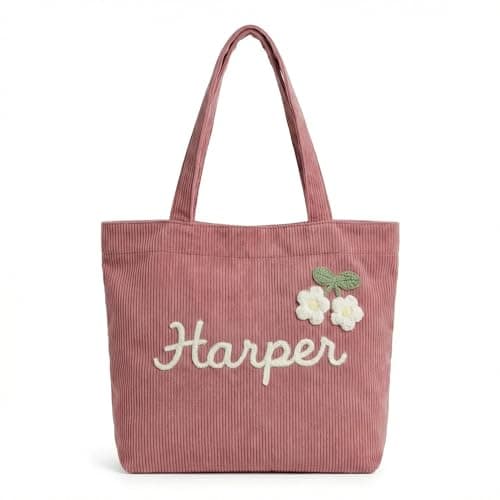 Personalized Corduroy Tote Bag for Women, Custom Name Large Shoulder Bag with Zipper, 3D Crochet Flower Embellishment, Stylish Travel College Work Handbag, Ideal Birthday Christmas Mother's Day Gift - Image 1