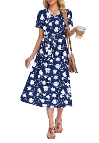 MOLERANI Women's Short Sleeve V-Neck Maxi Dress with Pockets — Adjustable Drawstring Waist for Summer Beach and Vacation Night Flower, XL - Image 1