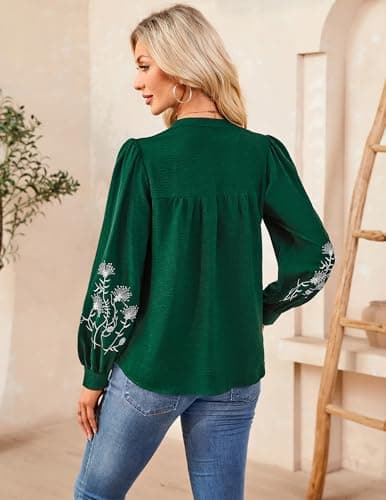 LOOKBOHO Women's Long Sleeve Tops Casual Floral Embroidered Puff Trendy Pleated V Neck Boho Blouses Tie Front Shirts XXL - Thumbnail 3