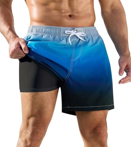 SILKWORLD Men Swimming Trunks Quick Dry Bathing Suit Swim Shorts with Zipper Pockets, Dark Blue Grey Gradient, XX-Large - Image 1