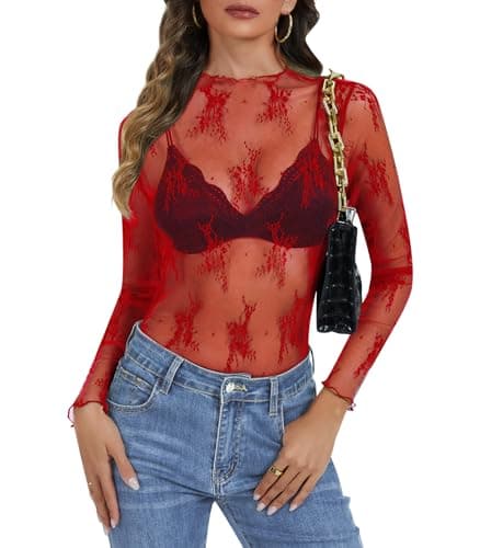 Lace Long Sleeve Tops for Women See Through Sheer Mesh Sexy Tops Floral Mock Neck Shirts Party Club Night Blouses Red - Image 1