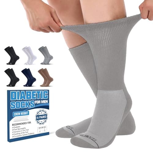 Frelimiu Diabetic Socks for Men, 6 Pairs Seamless Crew Socks with Non Binding, Soft Cushioned Sole Sock with Loose Top, Diabetes Sock Men for Neuropathy, lymphedema, Edema, Swollen Feet, 8-11(L) - Image 1