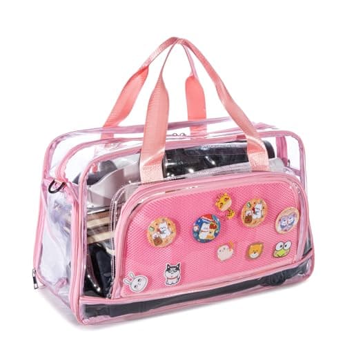 VoyaKode Clear Duffle Bag for Women with Anime Pins Display & Shoe Compartment, Waterproof and Convertible Crossbody for Anime Conventions, Stadium Events, Yoga, Travel & Gym (pink) - Image 1