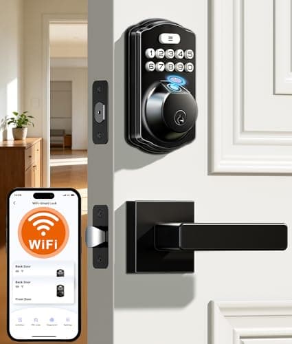 Veise VE012W-L Built-in Wi-Fi Fingerprint Smart Lock with Lever Handle Set, App Remote Control, Keyless Entry for Front Door, Deadbolt Digital Backlit Keypad, Voice Assistant, Auto Lock, Matte Black - Image 1