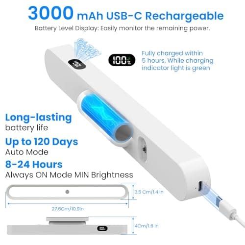 Motion Sensor Light Indoor with Battery Display,3000mAh Rechargeable Under Cabinet Lighting Magnetic Light Bar 300LM Battery Operated Closet Light Makeup Lights Stick On (White-A, Touch Control) - Thumbnail 6