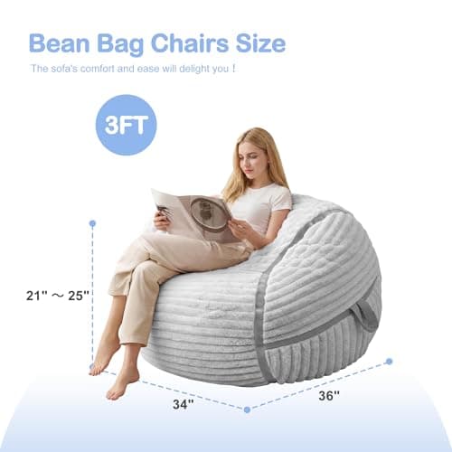 HABUTWAY Bean Bag Chair 3FT Big Bean Bag Chairs for Adults with Memory Foam Filled,3'Beanbag Chair with Soft Faux Fur Cover,Comfy Bean Bag Sofa for Classroom,Living Room,Game Room,Bedroom-Light Grey - Thumbnail 2