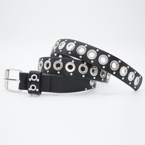 EONTISO Women Studded Leather Belt for Jeans, Punk Rock Silver Grommets Rivets, Black S - Thumbnail 6