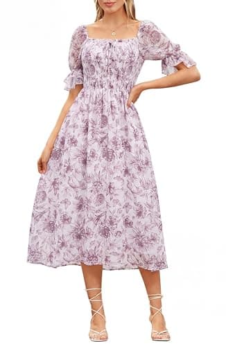 Scarlet Darkness 2026 Summer Floral Dress for Women Cottagecore Smocked Midi Dresses White Purple Floral M - Image 1