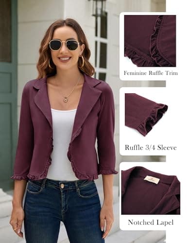 GRACE KARIN Womens Casual Work Office Blazer Open Front Cardigan Jacket Bolero Shrug Burgundy XXL - Thumbnail 4