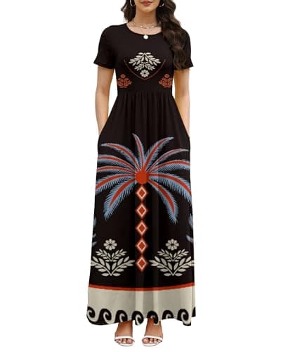 COSSEN Women’s Crewneck Short Sleeve Maxi Dress Black Trees Small with Pockets – Casual Loose Swing Sundress for Wedding Guest, Beach & Vacation - Image 1