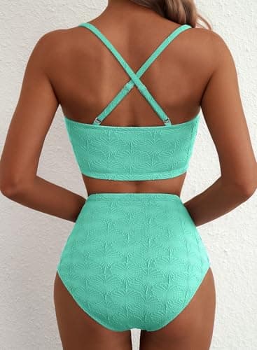 Herseas Women's Seashell Textured Bikini Sets Tie Front Swimsuits Stretchy Adjustable Straps Padded Push Up Bathing Suits Beach Turquoise Vacation Essentials 2026 Small - Thumbnail 2